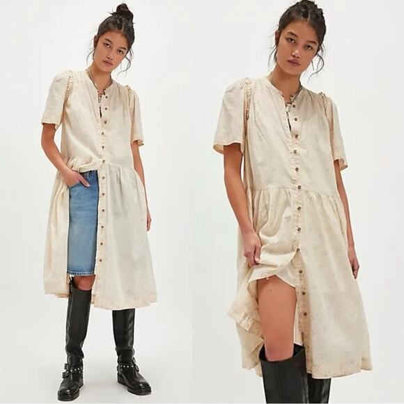 Free People Dainty Ethereal Cottage Bella Mae Midi Dress Vanilla Floral Large - Picture 1 of 16